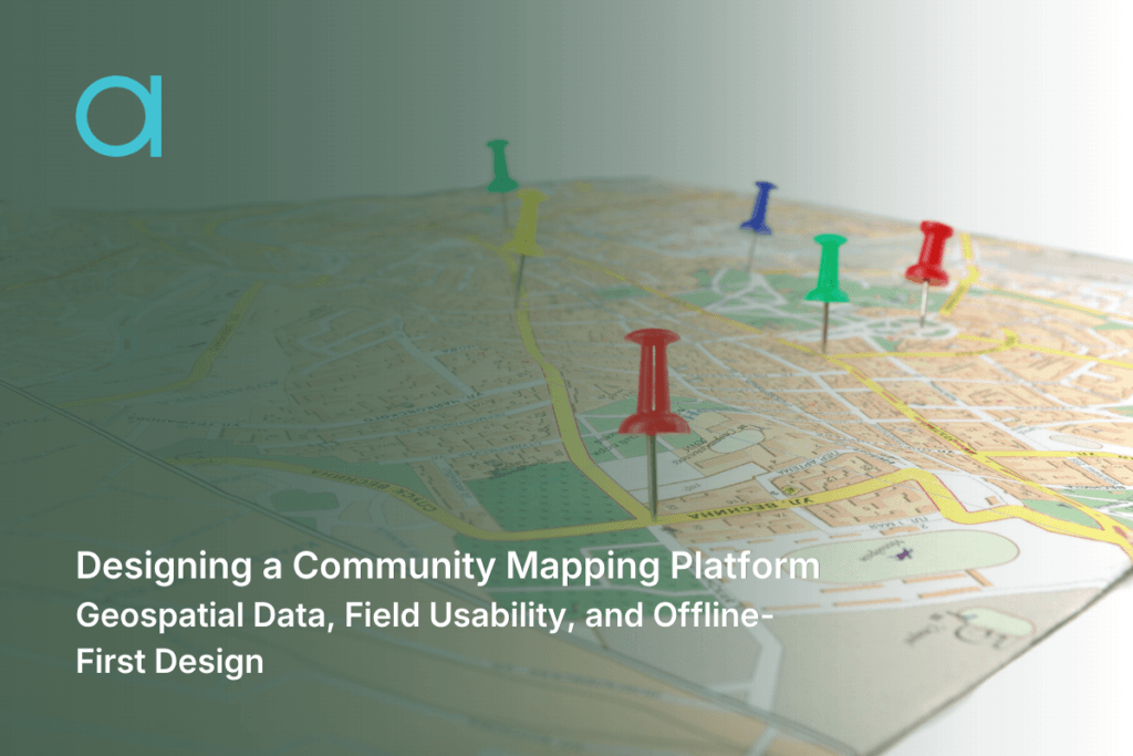 Community mapping platform architecture: on-device store, a sync layer, and a field client, with the network as an intermittent link